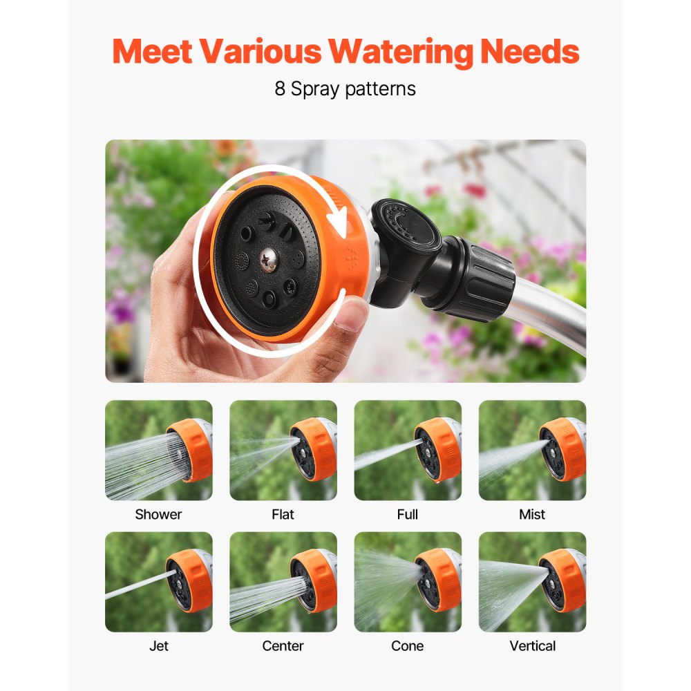VEVOR Watering Wand, 15-Inch Heavy Duty Garden Hose Wand with 8 Spray Patterns & 180° Swivel Head, Long Hose Nozzle Sprayer with on/off Thumb Control, Ideal for Hanging Baskets, Shrubs, Garden, Lawn