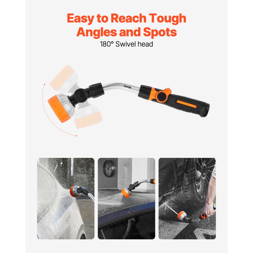 VEVOR Watering Wand, 15-Inch Heavy Duty Garden Hose Wand with 8 Spray Patterns & 180° Swivel Head, Long Hose Nozzle Sprayer with on/off Thumb Control, Ideal for Hanging Baskets, Shrubs, Garden, Lawn