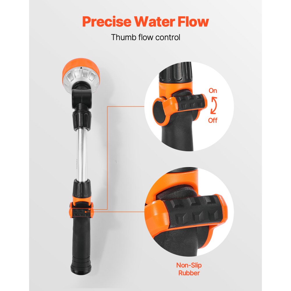 VEVOR Watering Wand, 15-Inch Heavy Duty Garden Hose Wand with 8 Spray Patterns & 180° Swivel Head, Long Hose Nozzle Sprayer with on/off Thumb Control, Ideal for Hanging Baskets, Shrubs, Garden, Lawn