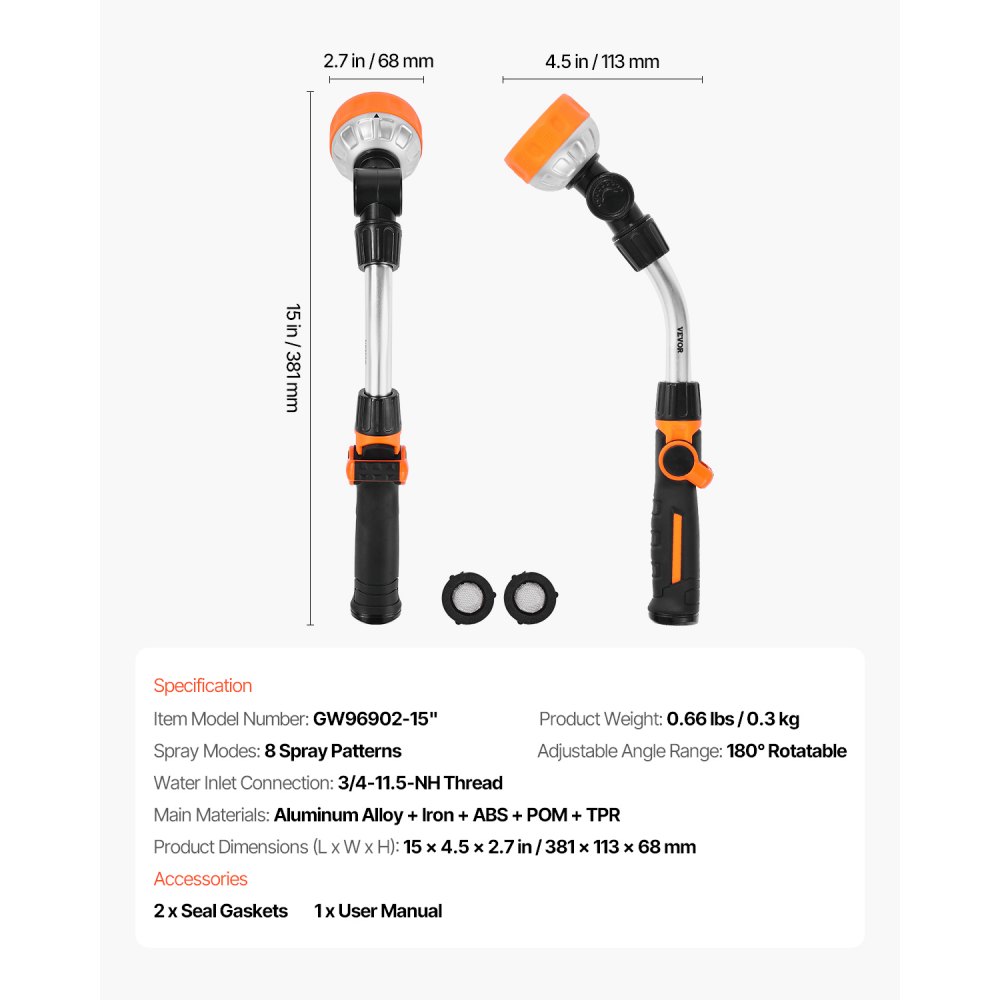 VEVOR Watering Wand, 15-Inch Heavy Duty Garden Hose Wand with 8 Spray Patterns & 180° Swivel Head, Long Hose Nozzle Sprayer with on/off Thumb Control, Ideal for Hanging Baskets, Shrubs, Garden, Lawn
