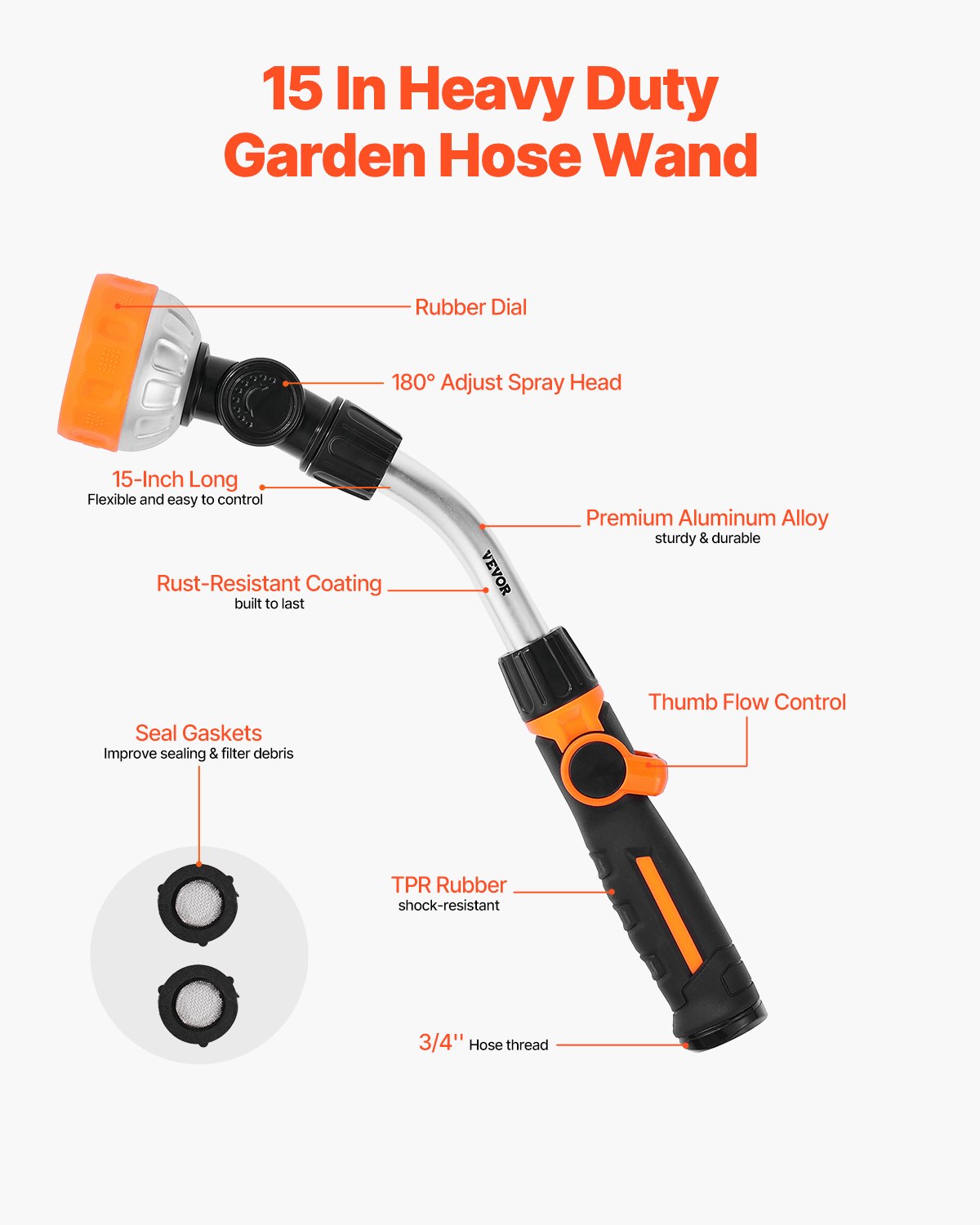 VEVOR Watering Wand, 15-Inch Heavy Duty Garden Hose Wand with 8 Spray Patterns & 180° Swivel Head, Long Hose Nozzle Sprayer with on/off Thumb Control, Ideal for Hanging Baskets, Shrubs, Garden, Lawn