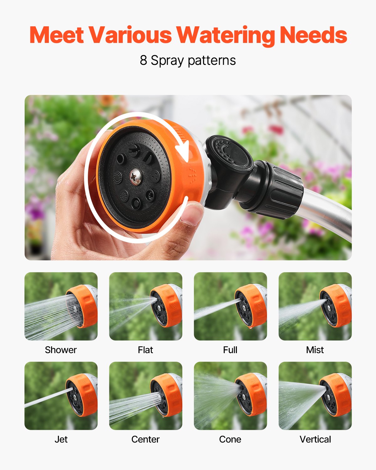 VEVOR Watering Wand, 15-Inch Heavy Duty Garden Hose Wand with 8 Spray Patterns & 180° Swivel Head, Long Hose Nozzle Sprayer with on/off Thumb Control, Ideal for Hanging Baskets, Shrubs, Garden, Lawn