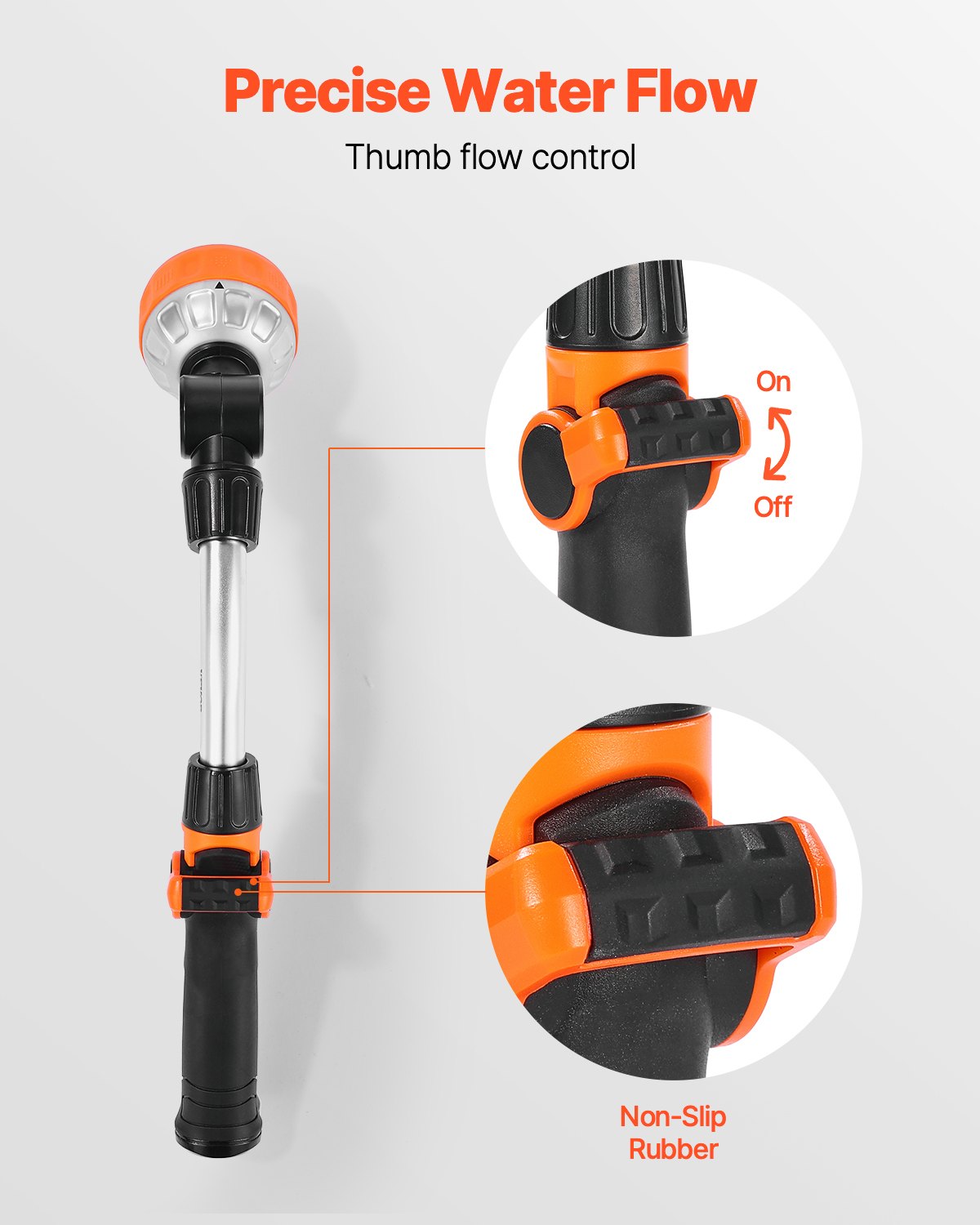 VEVOR Watering Wand, 15-Inch Heavy Duty Garden Hose Wand with 8 Spray Patterns & 180° Swivel Head, Long Hose Nozzle Sprayer with on/off Thumb Control, Ideal for Hanging Baskets, Shrubs, Garden, Lawn