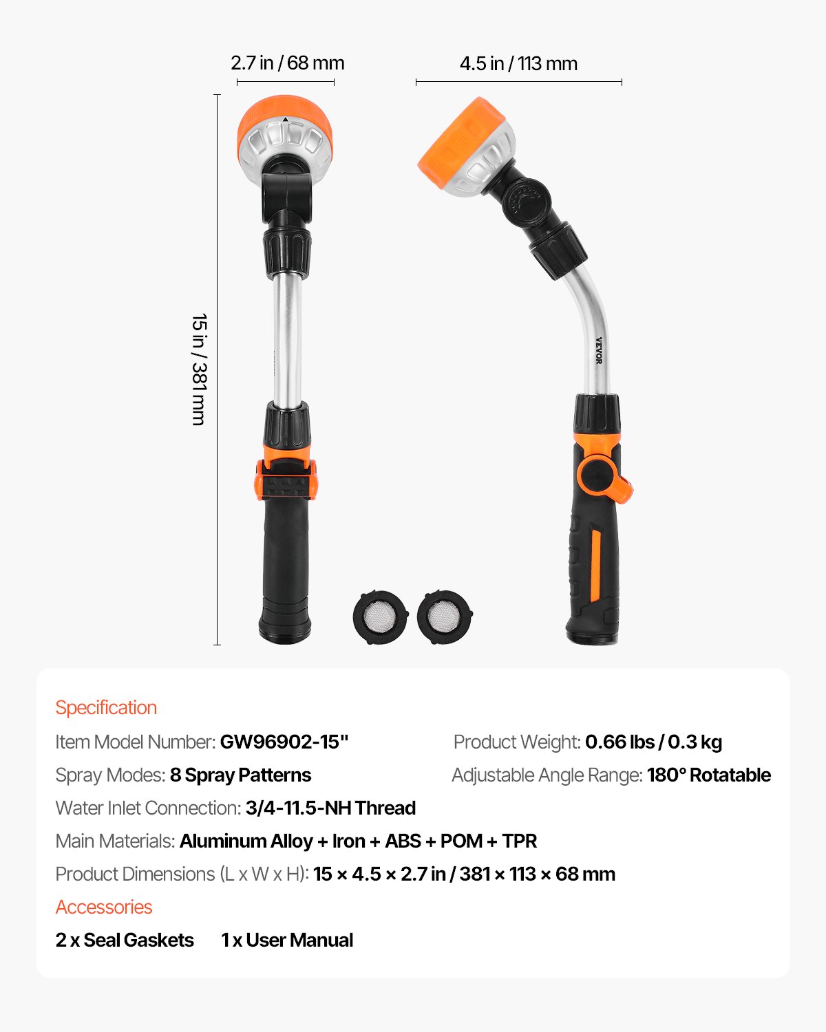 VEVOR Watering Wand, 15-Inch Heavy Duty Garden Hose Wand with 8 Spray Patterns & 180° Swivel Head, Long Hose Nozzle Sprayer with on/off Thumb Control, Ideal for Hanging Baskets, Shrubs, Garden, Lawn