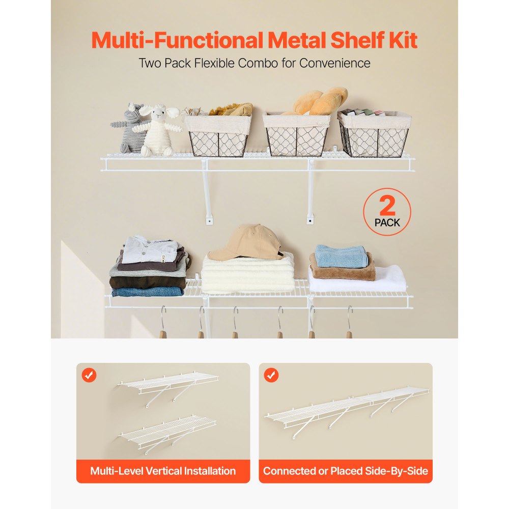 VEVOR Wire Shelf Kit, 4 ft, Set of 2, Wall Mounted Wire Shelves, Heavy-Duty Carbon Steel Hanging Shelf, Floating Wall Storage Shelves with Dip Coating, for Closet, Bedroom, Living Room, Office, Pantry