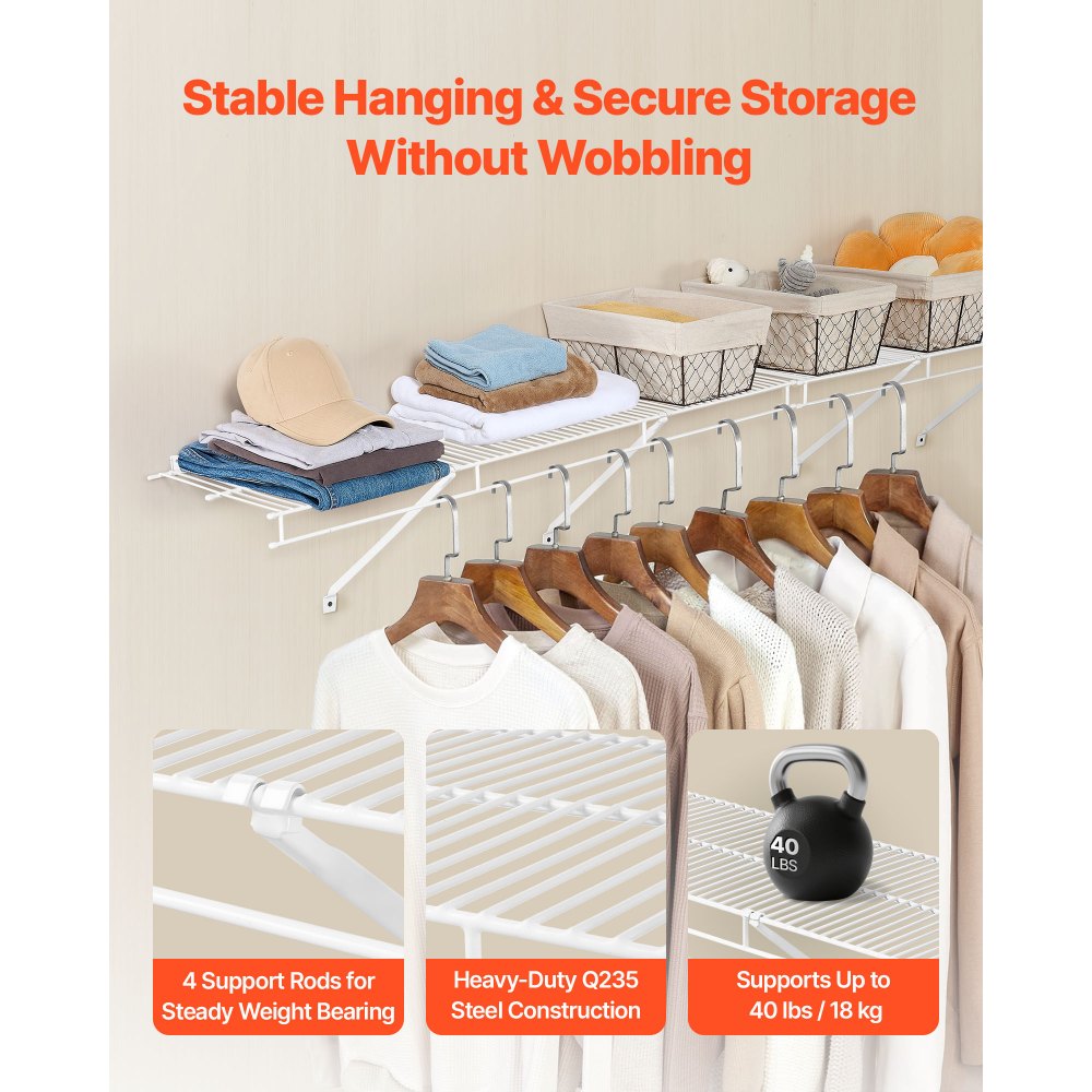 VEVOR Wire Shelf Kit, 4 ft, Set of 2, Wall Mounted Wire Shelves, Heavy-Duty Carbon Steel Hanging Shelf, Floating Wall Storage Shelves with Dip Coating, for Closet, Bedroom, Living Room, Office, Pantry