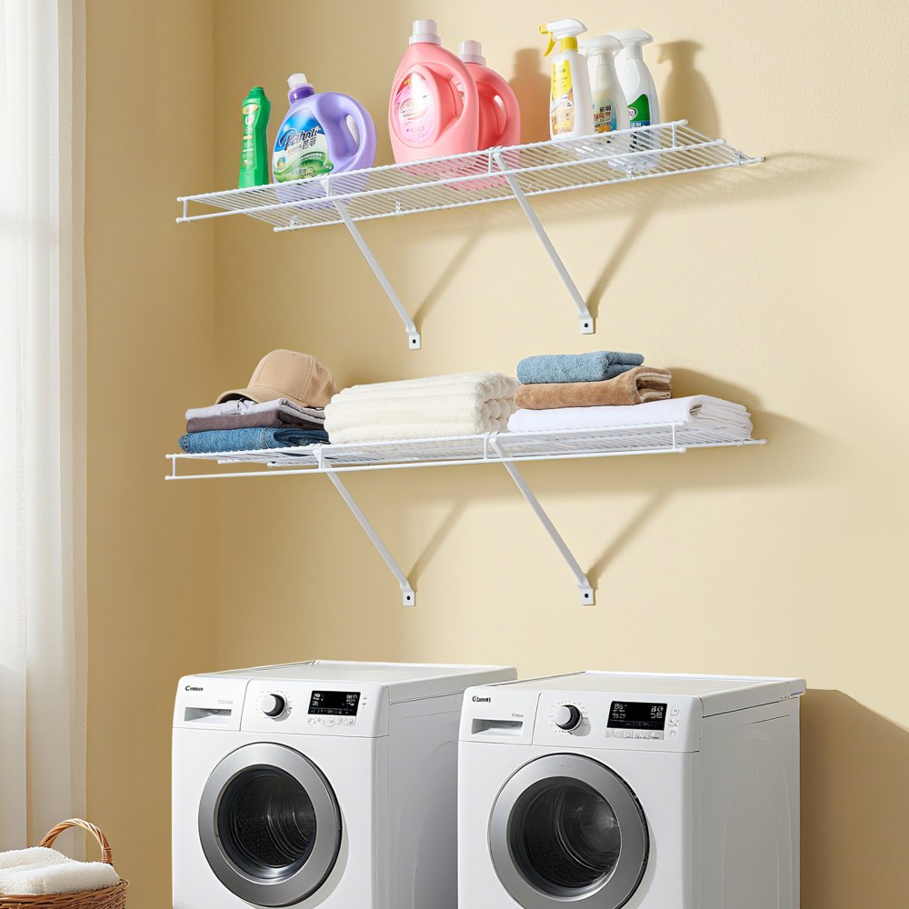 VEVOR Wire Shelf Kit, 4 ft, Set of 2, Wall Mounted Wire Shelves, Heavy-Duty Carbon Steel Hanging Shelf, Floating Wall Storage Shelves with Dip Coating, for Closet, Bedroom, Living Room, Office, Pantry