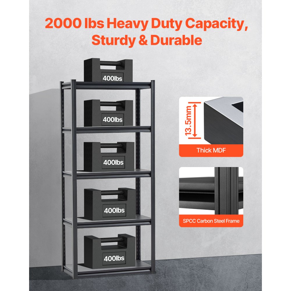 VEVOR Storage Shelves, 2000 lbs, 5 Tier Garage Storage Shelving, 16" D x 32" W x 72" H Adjustable Metal Shelves for Garage Shelves Utility Rack Shelf, Ideal for Kitchen, Warehouse, Basement, Black