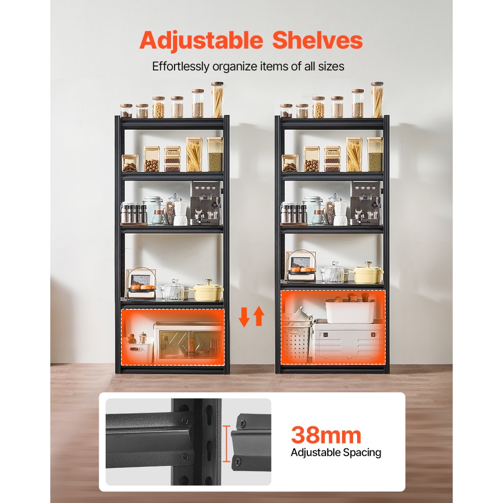 VEVOR Storage Shelves, 2000 lbs, 5 Tier Garage Storage Shelving, 16" D x 32" W x 72" H Adjustable Metal Shelves for Garage Shelves Utility Rack Shelf, Ideal for Kitchen, Warehouse, Basement, Black