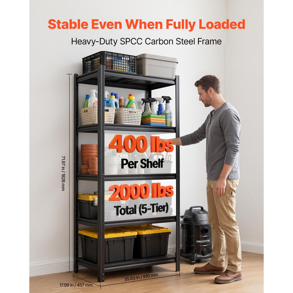 VEVOR Storage Shelves 5-Tier Adjustable Garage Shelving 907.2 kg Capacity, for Kitchen Pantry Basement Bathroom, 910 mm x 457 mm x 1828 mm, Heavy Duty Metal Utility Rack Shelf, Carbon Steel Frame