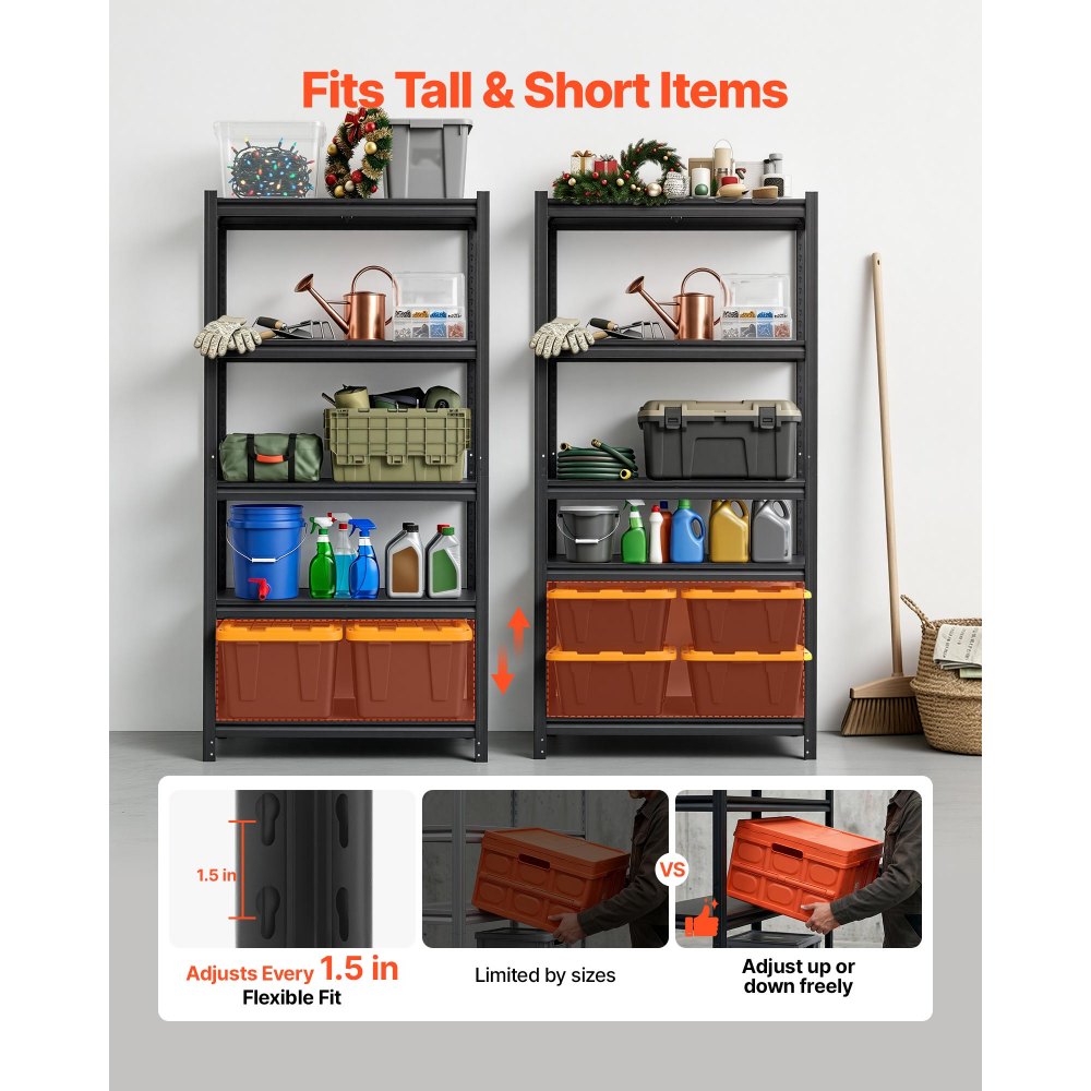 VEVOR Storage Shelves 5-Tier Adjustable Garage Shelving 907.2 kg Capacity, for Kitchen Pantry Basement Bathroom, 910 mm x 457 mm x 1828 mm, Heavy Duty Metal Utility Rack Shelf, Carbon Steel Frame