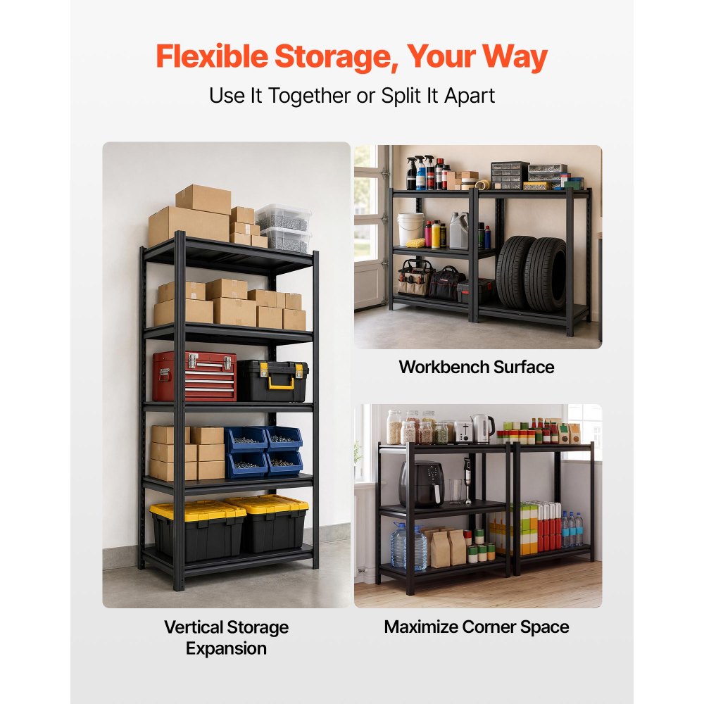 VEVOR Storage Shelves 5-Tier Adjustable Garage Shelving 907.2 kg Capacity, for Kitchen Pantry Basement Bathroom, 910 mm x 457 mm x 1828 mm, Heavy Duty Metal Utility Rack Shelf, Carbon Steel Frame