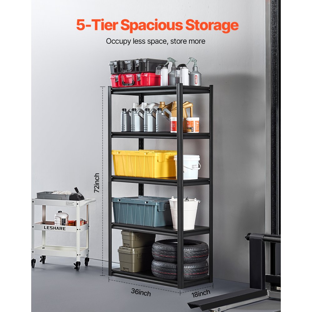 VEVOR Storage Shelves, 2000 lbs, 5 Tier Garage Storage Shelving, 18" D x 36" W x 72" H Adjustable Metal Shelves for Garage Shelves Utility Rack Shelf, Ideal for Kitchen, Warehouse, Basement, Black