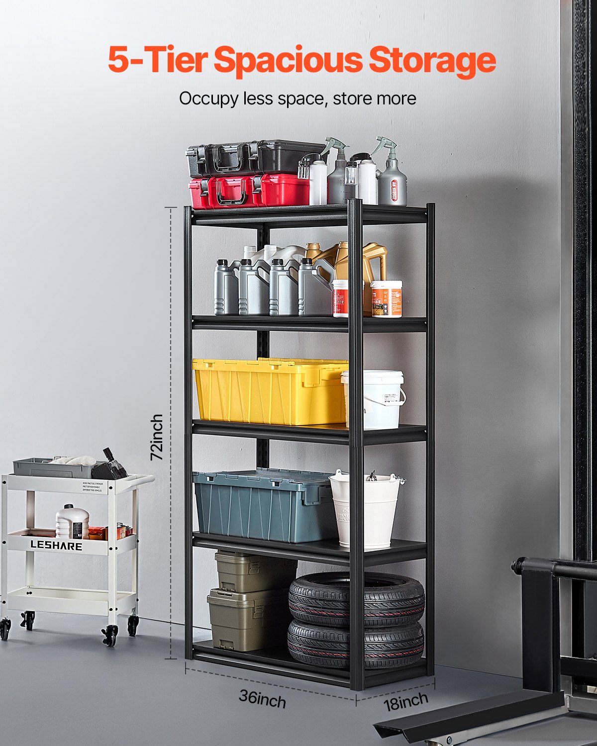 VEVOR Storage Shelves, 2000 lbs, 5 Tier Garage Storage Shelving, 18" D x 36" W x 72" H Adjustable Metal Shelves for Garage Shelves Utility Rack Shelf, Ideal for Kitchen, Warehouse, Basement, Black