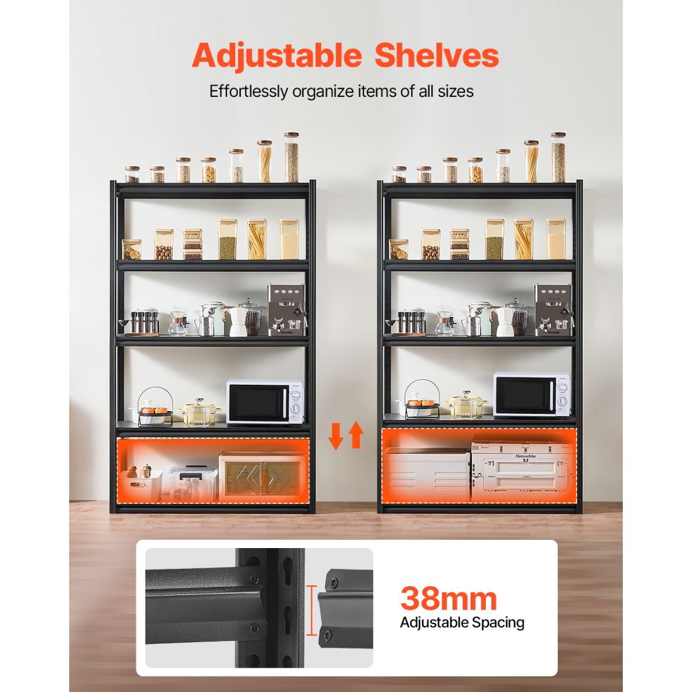 VEVOR Storage Shelves, 3000 lbs, 5 Tier Garage Storage Shelving, 18" D x 48" W x 78" H Adjustable Metal Shelves for Garage Shelves Utility Rack Shelf, Ideal for Kitchen, Warehouse, Basement, Black