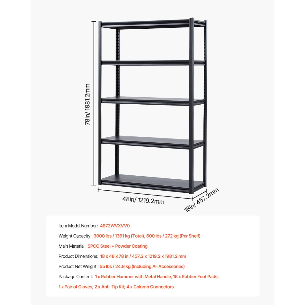 VEVOR Storage Shelves, 3000 lbs, 5 Tier Garage Storage Shelving, 18" D x 48" W x 78" H Adjustable Metal Shelves for Garage Shelves Utility Rack Shelf, Ideal for Kitchen, Warehouse, Basement, Black