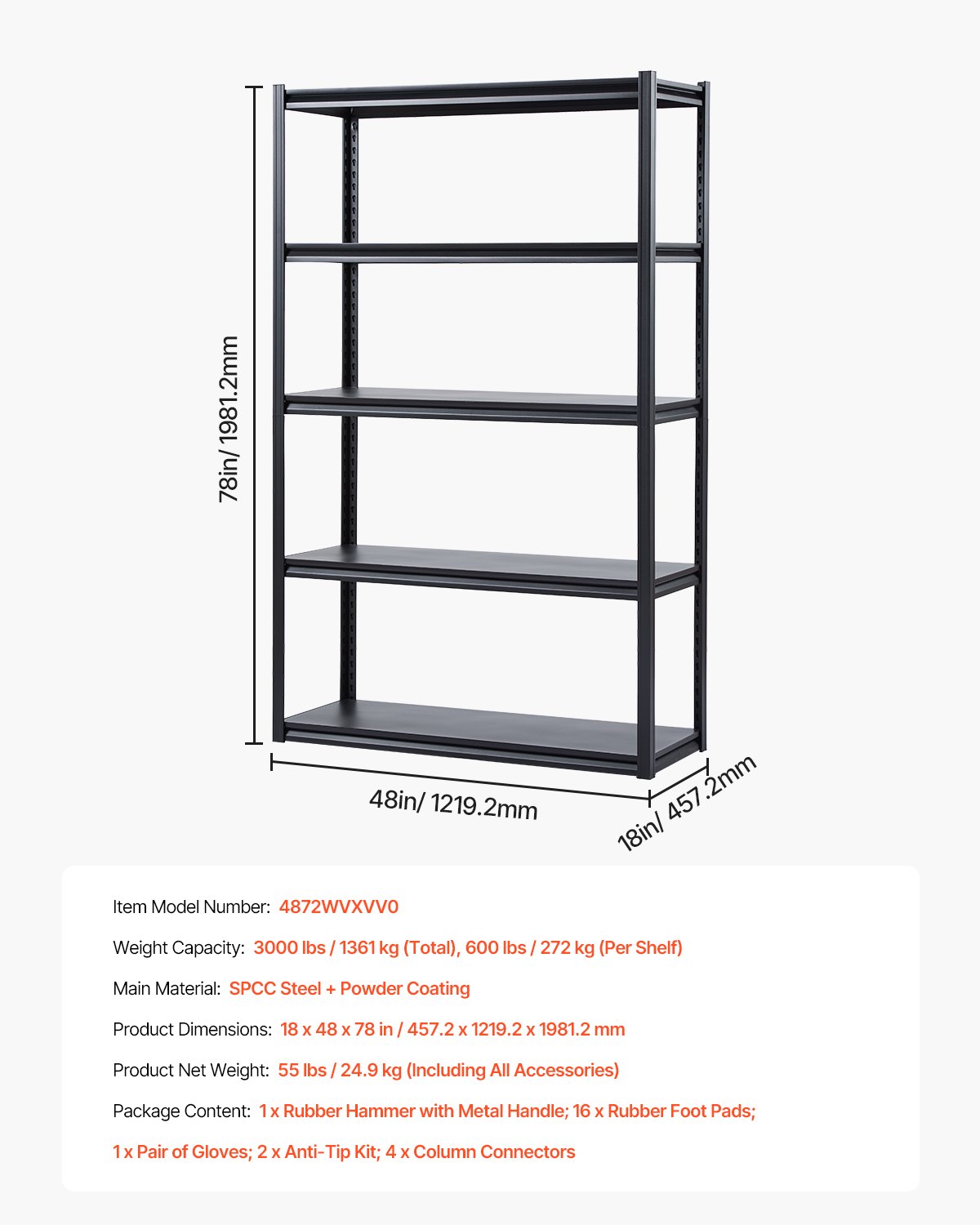 VEVOR Storage Shelves, 3000 lbs, 5 Tier Garage Storage Shelving, 18" D x 48" W x 78" H Adjustable Metal Shelves for Garage Shelves Utility Rack Shelf, Ideal for Kitchen, Warehouse, Basement, Black