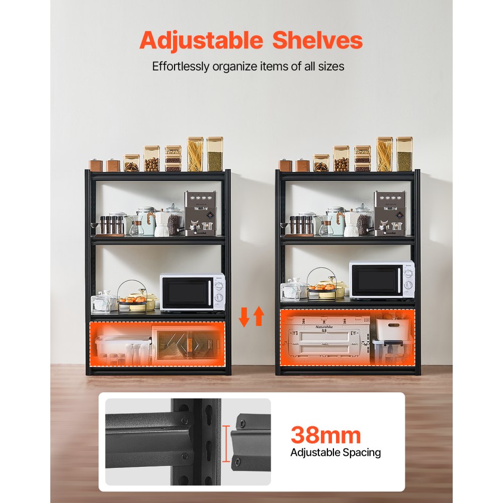 VEVOR Storage Shelves, 2400 lbs, 4 Tier Garage Storage Shelving, 20" D x 40" W x 57" H Adjustable Metal Shelves for Garage Shelves Utility Rack Shelf, Ideal for Kitchen, Warehouse, Basement, Black