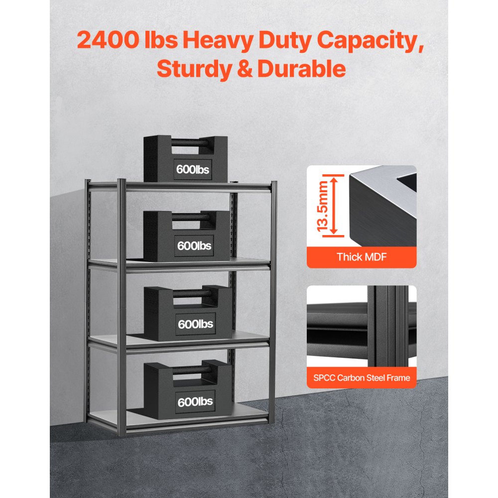VEVOR Storage Shelves, 2400 lbs, 4 Tier Garage Storage Shelving, 20" D x 40" W x 57" H Adjustable Metal Shelves for Garage Shelves Utility Rack Shelf, Ideal for Kitchen, Warehouse, Basement, Black