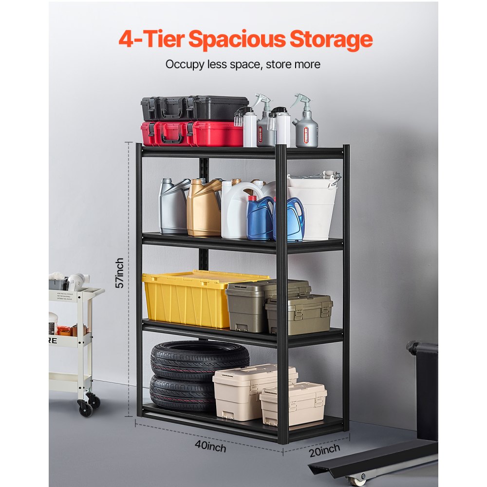 VEVOR Storage Shelves, 2400 lbs, 4 Tier Garage Storage Shelving, 20" D x 40" W x 57" H Adjustable Metal Shelves for Garage Shelves Utility Rack Shelf, Ideal for Kitchen, Warehouse, Basement, Black