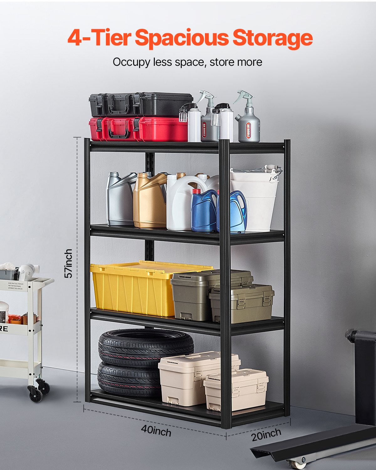 VEVOR Storage Shelves, 2400 lbs, 4 Tier Garage Storage Shelving, 20" D x 40" W x 57" H Adjustable Metal Shelves for Garage Shelves Utility Rack Shelf, Ideal for Kitchen, Warehouse, Basement, Black
