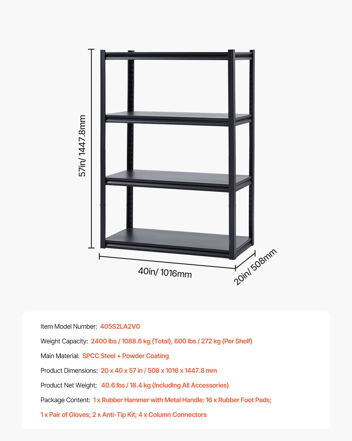 VEVOR Storage Shelves, 2400 lbs, 4 Tier Garage Storage Shelving, 20" D x 40" W x 57" H Adjustable Metal Shelves for Garage Shelves Utility Rack Shelf, Ideal for Kitchen, Warehouse, Basement, Black
