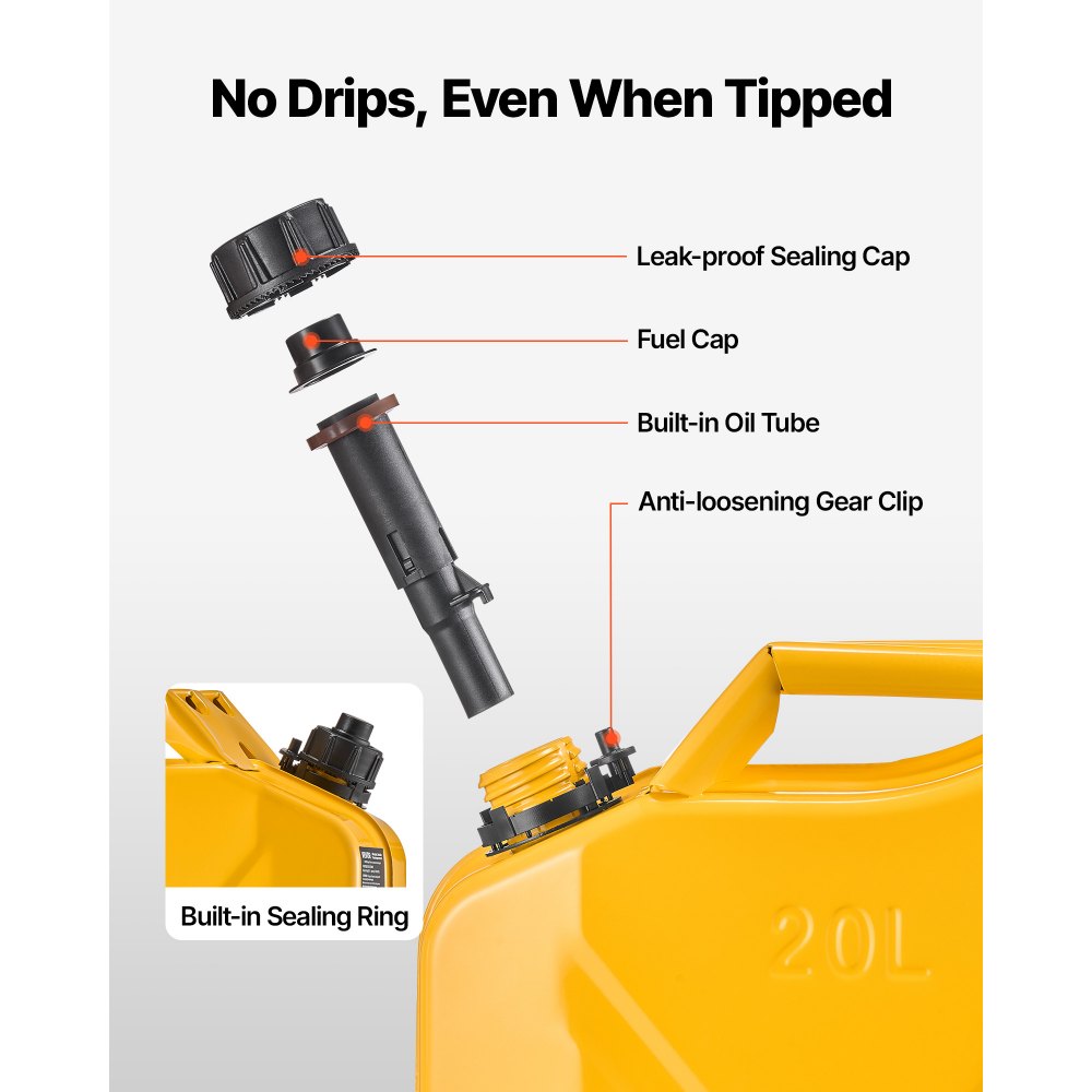 VEVOR Metal Fuel Container, 20 L, Fuel Jerry Can with Spout and Comfort Handle, 6 L/min Max Flow Rate, Leakproof & Corrosion-resistant Metal Gas Tank Most Cars Motorcycle ATV UTV, Yellow