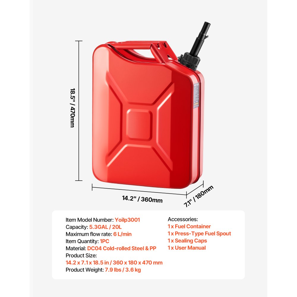 Newly Upgraded Oil-Tight！VEVOR Metal Fuel Container, 5.3 Gallon, Fuel Jerry Can with Spout and Comfort Handle, 6 L/min Max Flow Rate, Leakproof & Corrosion-resistant Metal Gas Tank Most Cars Motorcycle ATV UTV, Red