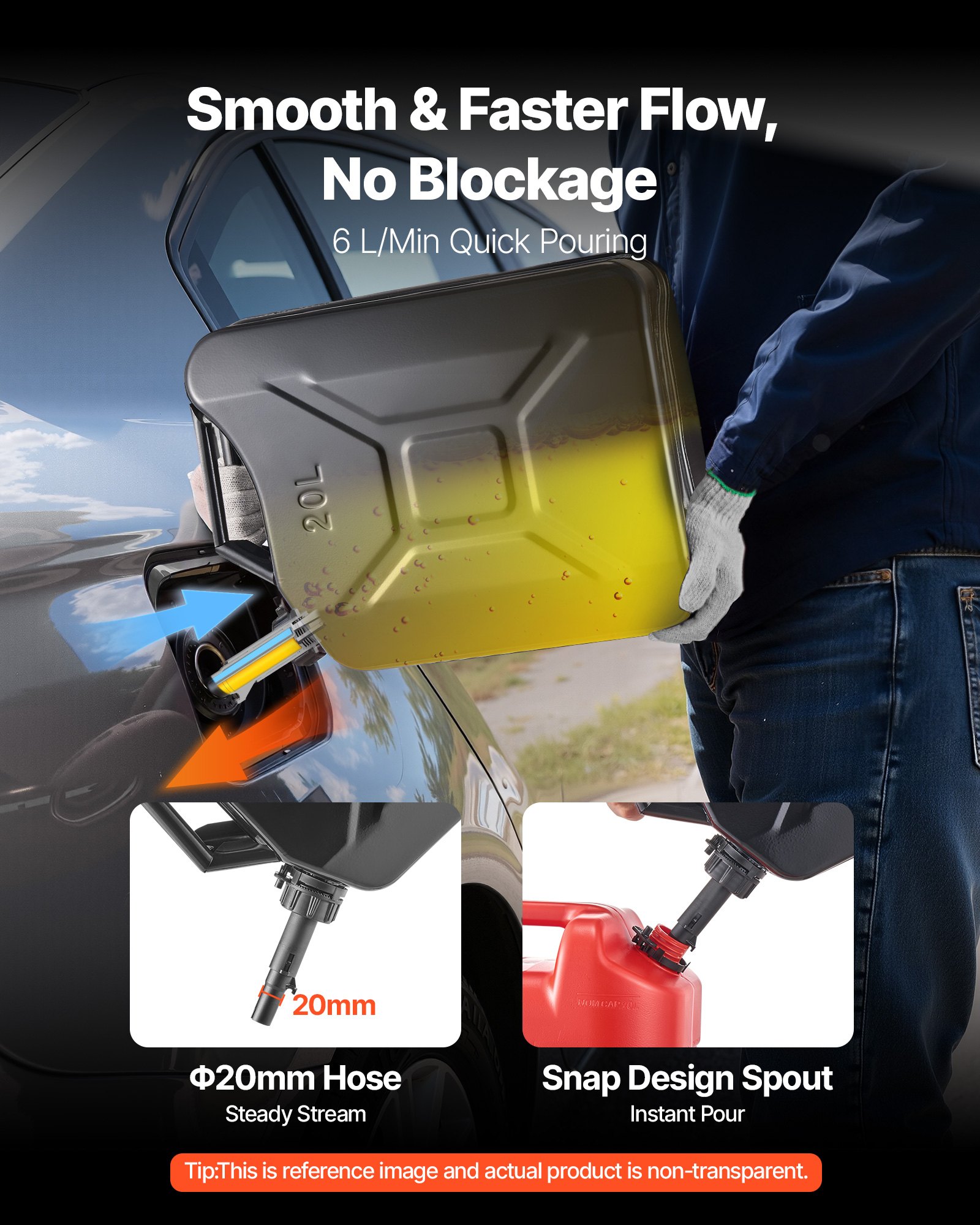 VEVOR Metal Fuel Container, 20 L, Fuel Jerry Can with Spout and Comfort Handle, 6 L/min Max Flow Rate, Leakproof & Corrosion-resistant Metal Gas Tank Most Cars Motorcycle ATV UTV, Black