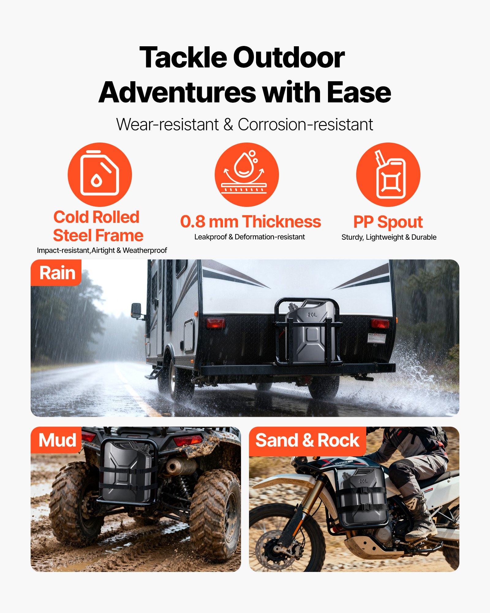 VEVOR Metal Fuel Container, 20 L, Fuel Jerry Can with Spout and Comfort Handle, 6 L/min Max Flow Rate, Leakproof & Corrosion-resistant Metal Gas Tank Most Cars Motorcycle ATV UTV, Black