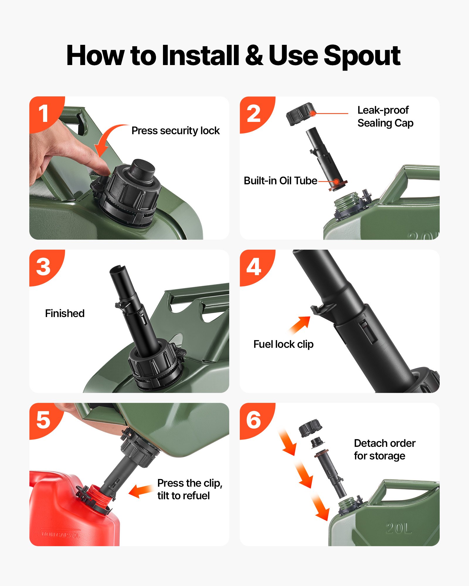 VEVOR Metal Fuel Container, 20 L, Fuel Jerry Can with Spout and Comfort Handle, 6 L/min Max Flow Rate, Leakproof & Corrosion-resistant Metal Gas Tank Most Cars Motorcycle ATV UTV, Green