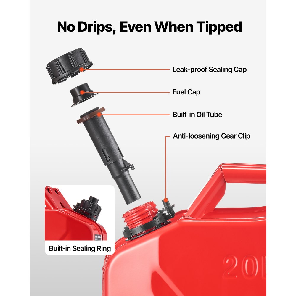 VEVOR Metal Fuel Container, 20 L, Fuel Jerry Can with Spout and Comfort Handle, 6 L/min Max Flow Rate, Leakproof & Corrosion-resistant Metal Gas Tank Most Cars Motorcycle ATV UTV, Red, 2 Packs