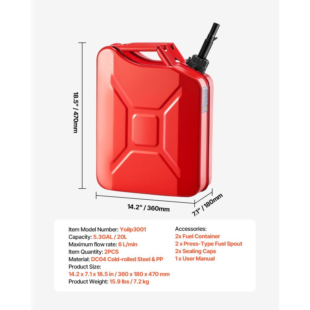 Newly Upgraded Oil-Tight！VEVOR Metal Fuel Container, 5.3 Gallon, Fuel Jerry Can with Spout and Comfort Handle, 6 L/min Max Flow Rate, Leakproof & Corrosion-resistant Metal Gas Tank Most Cars Motorcycle ATV UTV, Red, 2 Packs