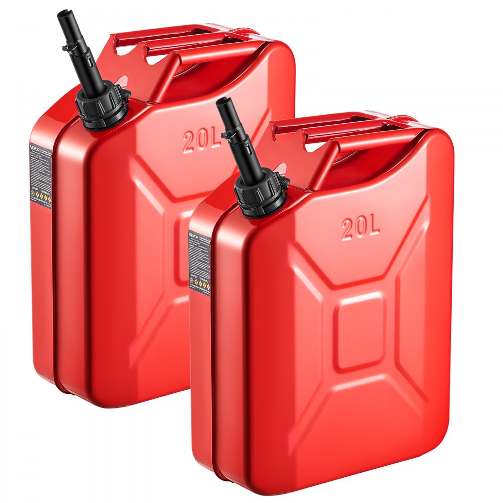 Newly Upgraded Oil-Tight！VEVOR Metal Fuel Container, 5.3 Gallon, Fuel Jerry Can with Spout and Comfort Handle, 6 L/min Max Flow Rate, Leakproof & Corrosion-resistant Metal Gas Tank Most Cars Motorcycle ATV UTV, Red, 2 Packs