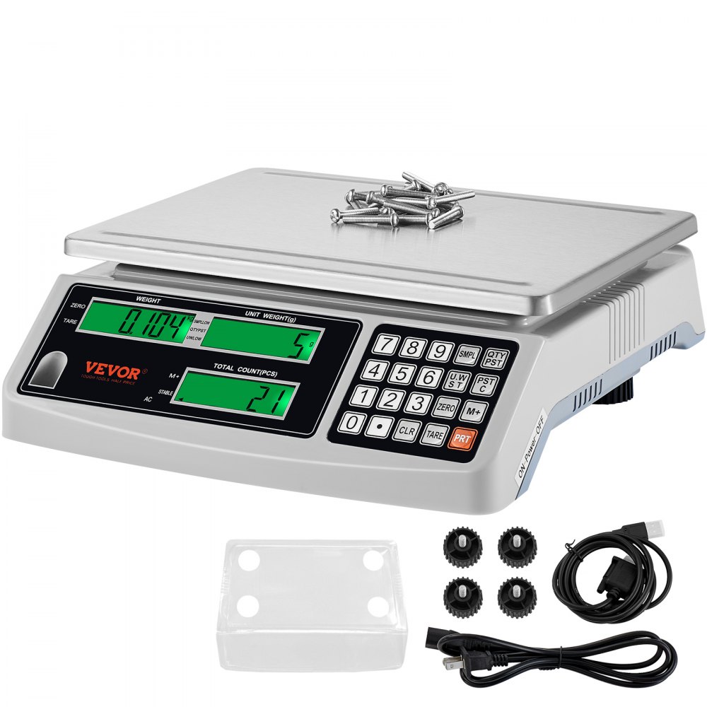 VEVOR industrial counting scale with bright green display, numeric keypad, and accessories bundle.