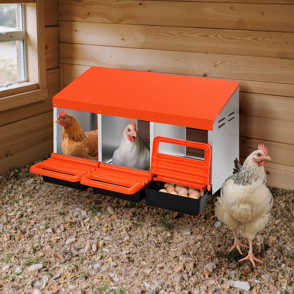 VEVOR Chicken Nesting Boxes, 3 Compartments, Metal Egg Laying Boxes with Protective Collection Lids, Roll Out Nesting Box, Easy to Assemble, Ideal for Hens, Ducks, Chickens, and Other Poultry, Orange