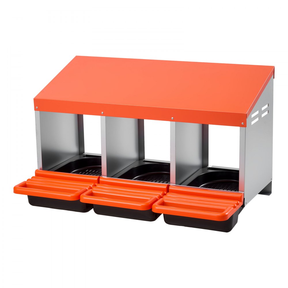 VEVOR Chicken Nesting Boxes, 3 Compartments, Metal Egg Laying Boxes with Protective Collection Lids, Roll Out Nesting Box, Easy to Assemble, Ideal for Hens, Ducks, Chickens, and Other Poultry, Orange