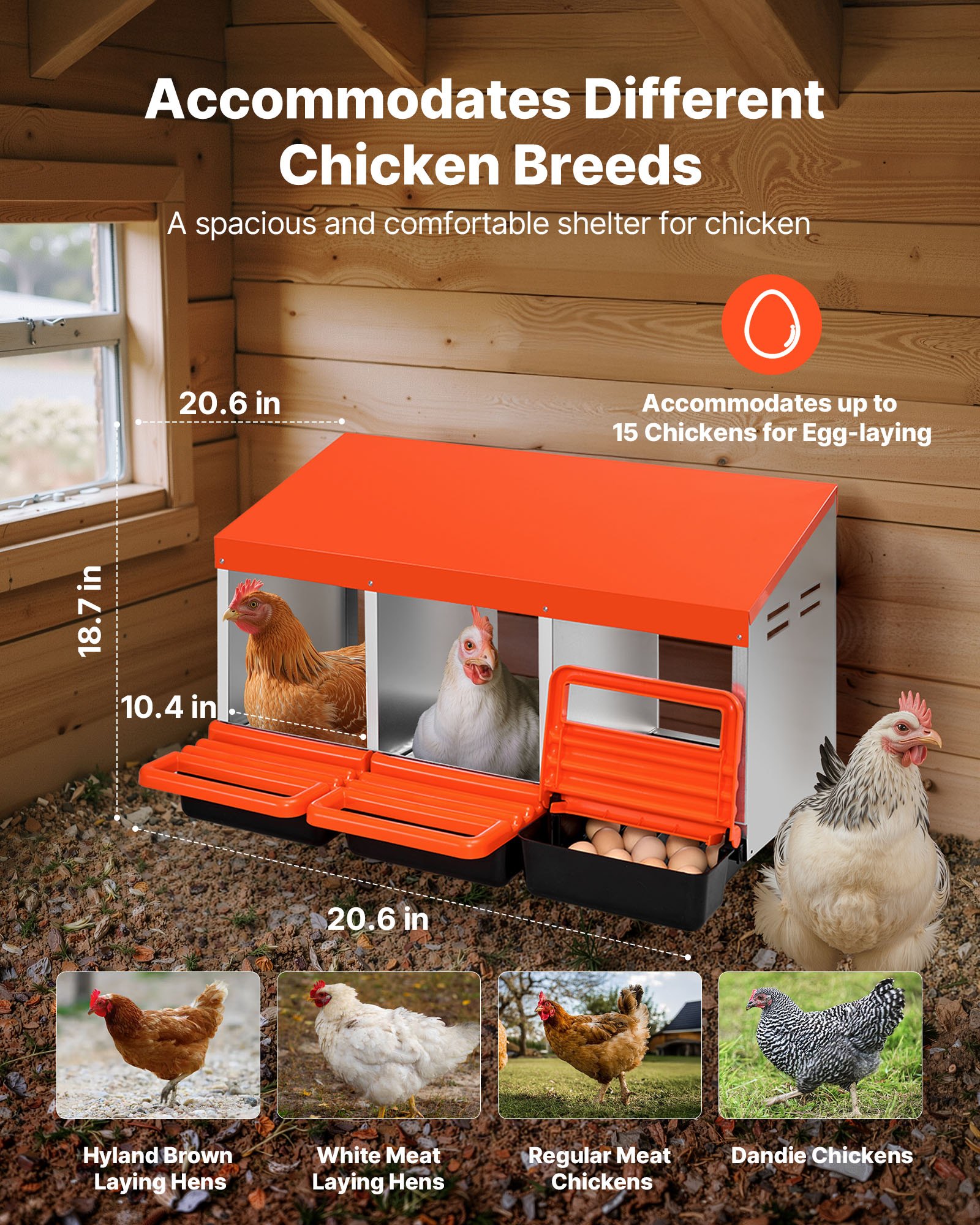 VEVOR Chicken Nesting Boxes, 3 Compartments, Metal Egg Laying Boxes with Protective Collection Lids, Roll Out Nesting Box, Easy to Assemble, Ideal for Hens, Ducks, Chickens, and Other Poultry, Orange