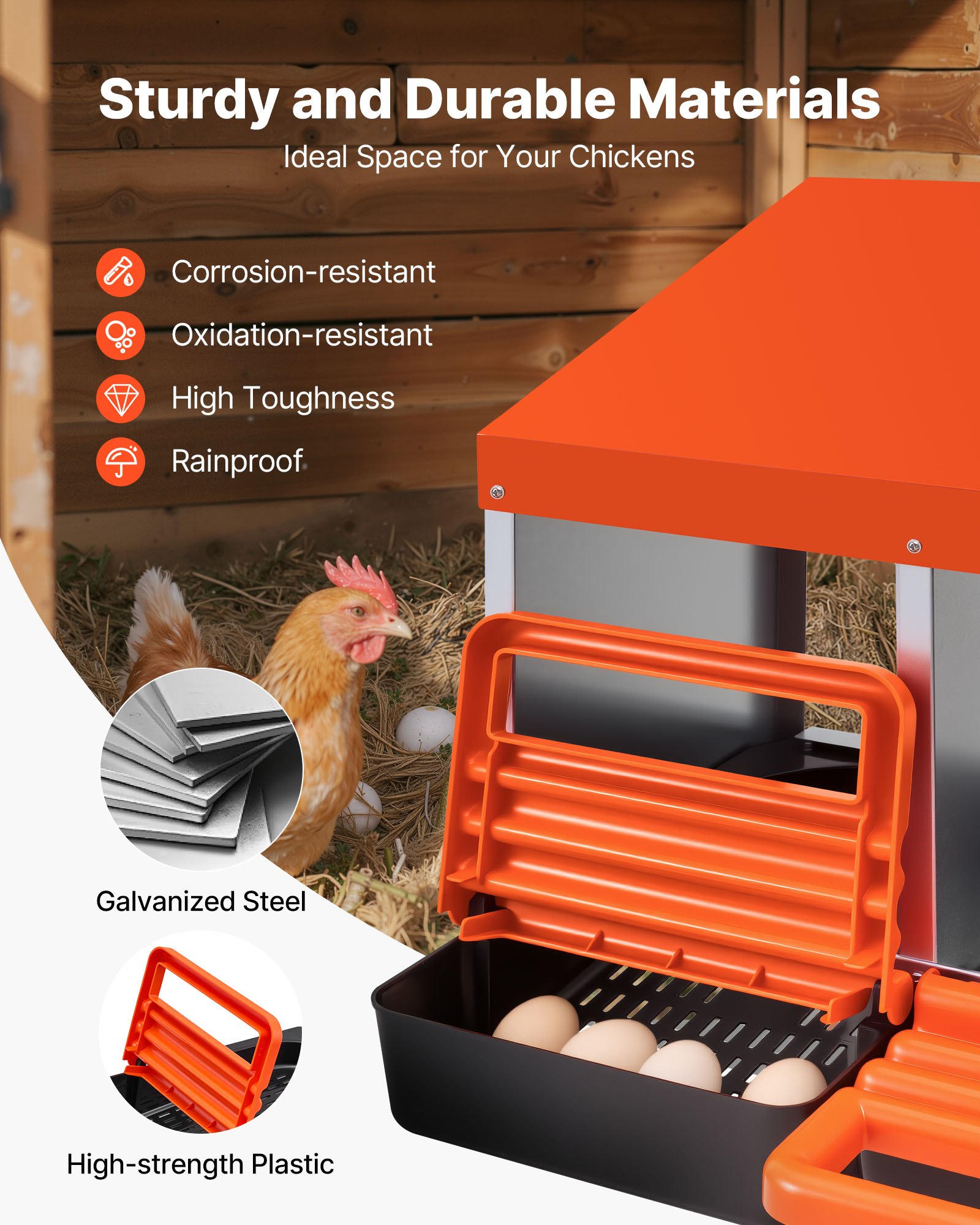 VEVOR Chicken Nesting Boxes, 3 Compartments, Metal Egg Laying Boxes with Protective Collection Lids, Roll Out Nesting Box, Easy to Assemble, Ideal for Hens, Ducks, Chickens, and Other Poultry, Orange