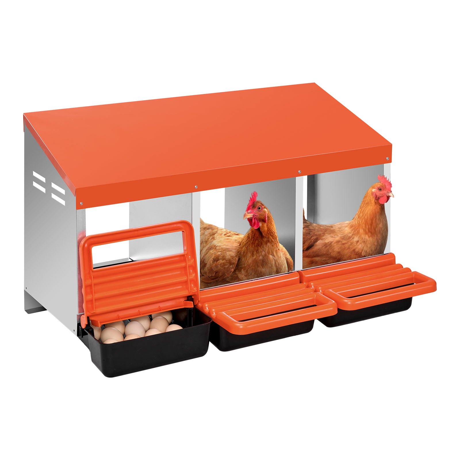 VEVOR Chicken Nesting Boxes, 3 Compartments, Metal Egg Laying Boxes with Protective Collection Lids, Roll Out Nesting Box, Easy to Assemble, Ideal for Hens, Ducks, Chickens, and Other Poultry, Orange