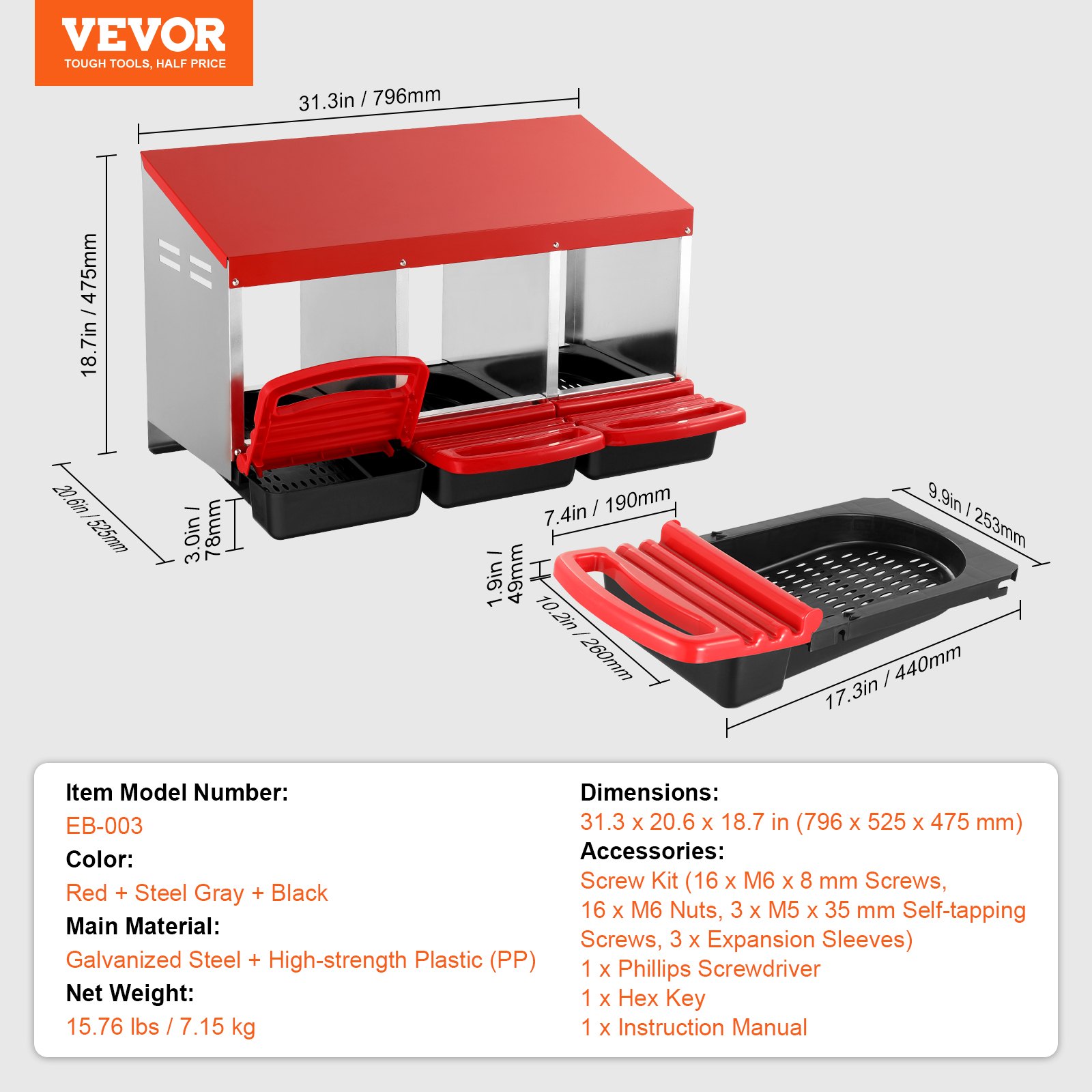 VEVOR 3-Compartment Chicken Nest Box Metal Box with Inclined Nesting Boxes