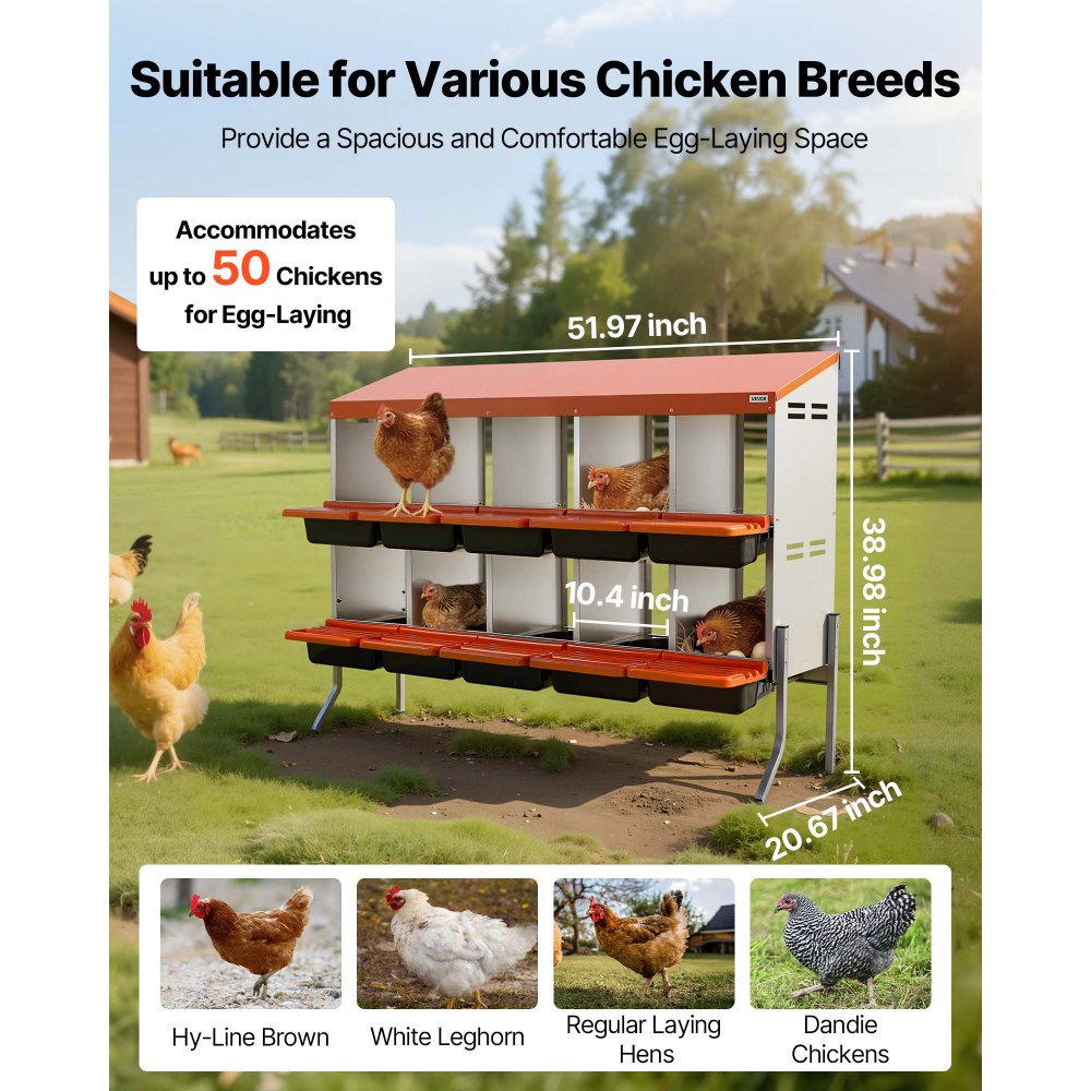 VEVOR Chicken Nesting Boxes, 10 Compartments, with Support Legs, Easy Egg Collection, Galvanized Steel and High-Strength Plastic, Roll Away Nesting Boxes for Chickens and Hens Laying Eggs, Orange