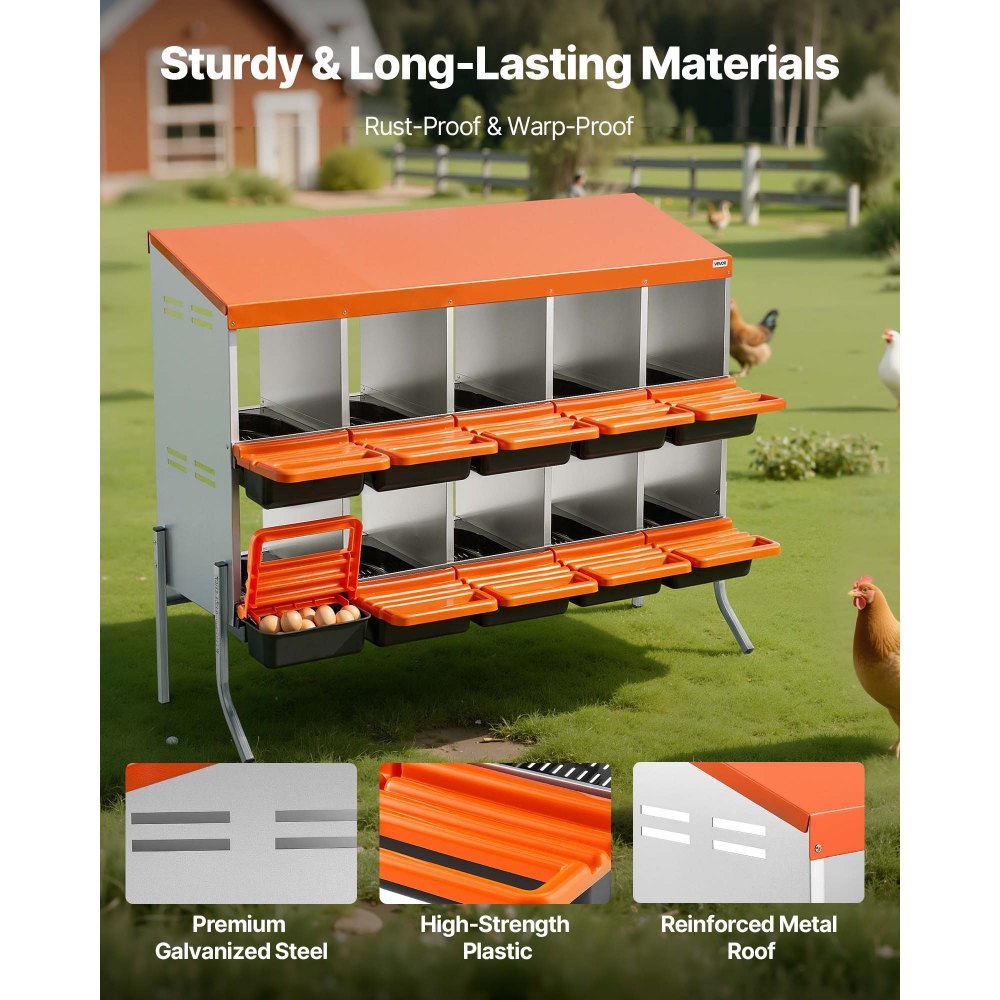 VEVOR Chicken Nesting Boxes, 10 Compartments, with Support Legs, Easy Egg Collection, Galvanized Steel and High-Strength Plastic, Roll Away Nesting Boxes for Chickens and Hens Laying Eggs, Orange