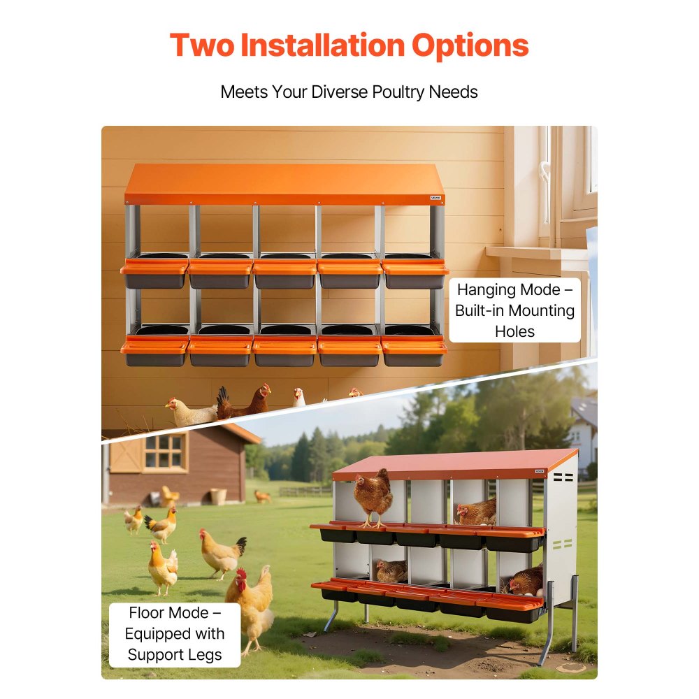 VEVOR Chicken Nesting Boxes, 10 Compartments, with Support Legs, Easy Egg Collection, Galvanized Steel and High-Strength Plastic, Roll Away Nesting Boxes for Chickens and Hens Laying Eggs, Orange