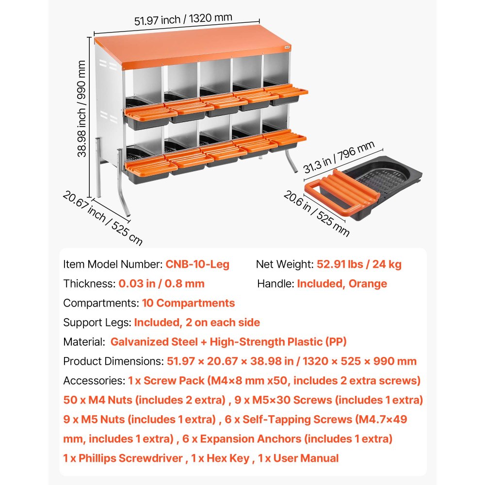 VEVOR Chicken Nesting Boxes, 10 Compartments, with Support Legs, Easy Egg Collection, Galvanized Steel and High-Strength Plastic, Roll Away Nesting Boxes for Chickens and Hens Laying Eggs, Orange
