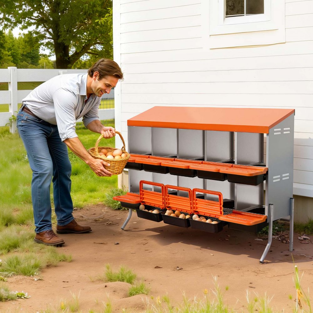 VEVOR Chicken Nesting Boxes, 10 Compartments, with Support Legs, Easy Egg Collection, Galvanized Steel and High-Strength Plastic, Roll Away Nesting Boxes for Chickens and Hens Laying Eggs, Orange