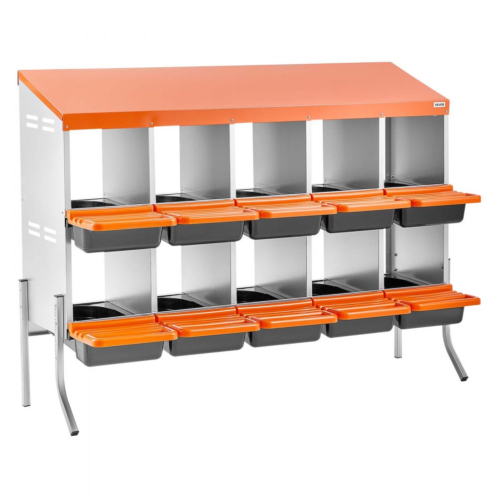 VEVOR Chicken Nesting Boxes, 10 Compartments, with Support Legs, Easy Egg Collection, Galvanized Steel and High-Strength Plastic, Roll Away Nesting Boxes for Chickens and Hens Laying Eggs, Orange
