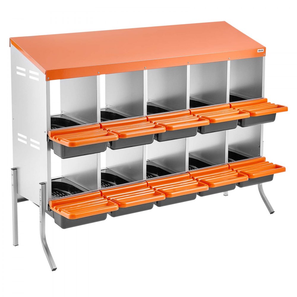VEVOR Chicken Nesting Boxes, 10 Compartments, with Support Legs, Easy Egg Collection, Galvanized Steel and High-Strength Plastic, Roll Away Nesting Boxes for Chickens and Hens Laying Eggs, Orange