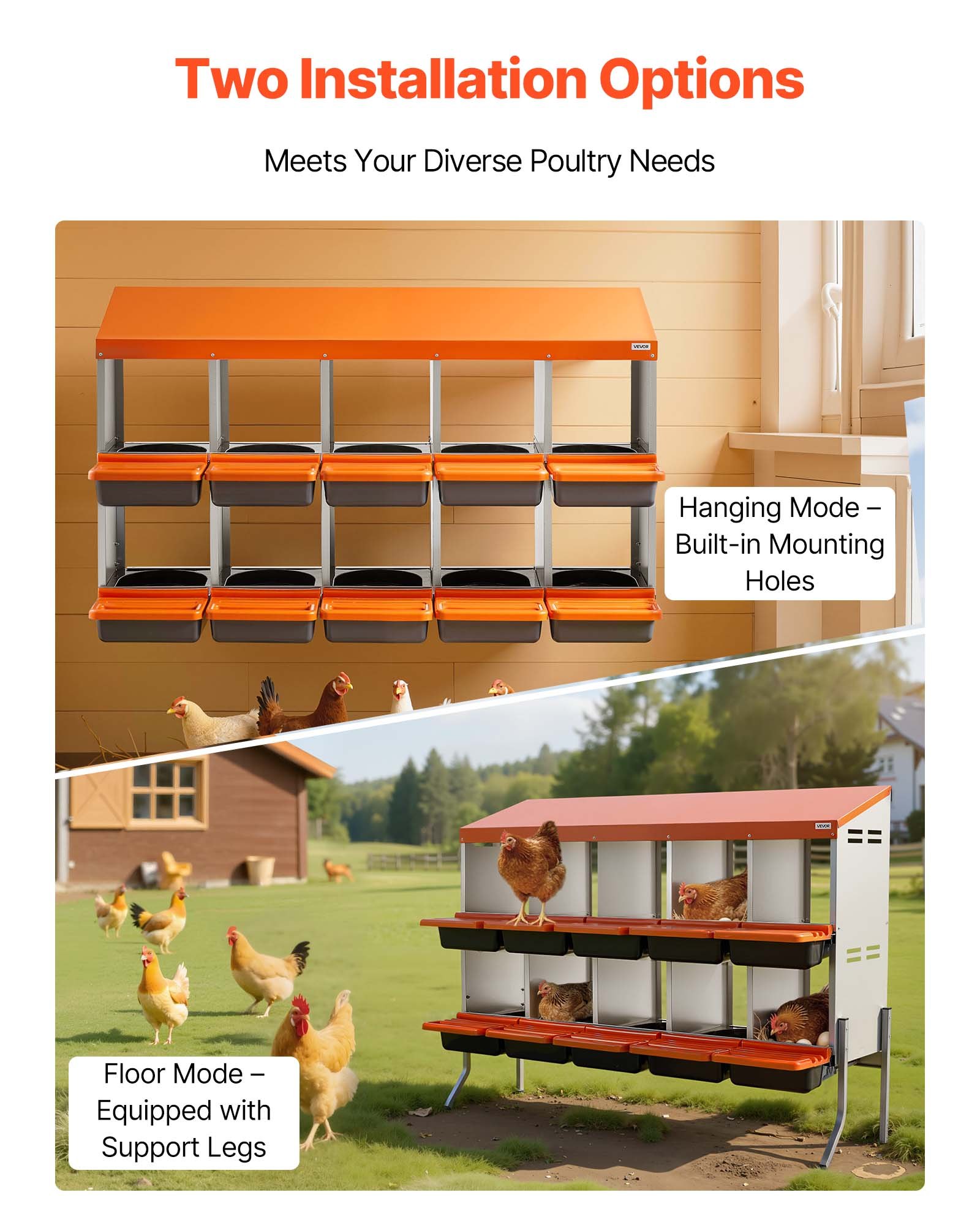 VEVOR Chicken Nesting Boxes, 10 Compartments, with Support Legs, Easy Egg Collection, Galvanized Steel and High-Strength Plastic, Roll Away Nesting Boxes for Chickens and Hens Laying Eggs, Orange