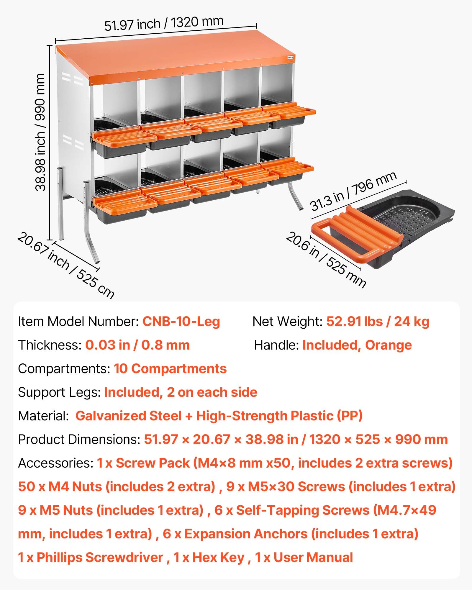 VEVOR Chicken Nesting Boxes, 10 Compartments, with Support Legs, Easy Egg Collection, Galvanized Steel and High-Strength Plastic, Roll Away Nesting Boxes for Chickens and Hens Laying Eggs, Orange